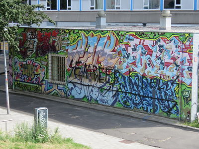 833575 Afbeelding van een wand vol graffiti op een gebouwtje naast de hoogbouw op het studentencomplex IBB (Ina ...